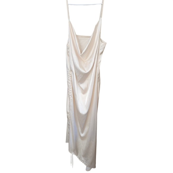 Unbranded Dresses & Skirts - Champagne Satin Cowl Neck Midi Slip Dress Ruched Asymmetrical Hem Sexy Glam